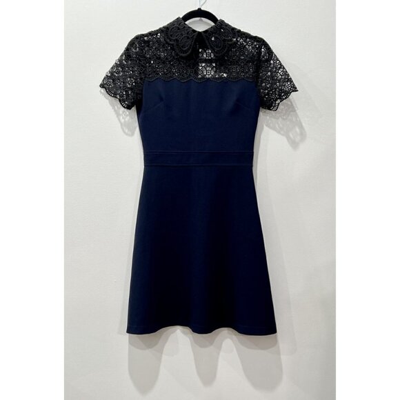 1901 Peter Pan Collar Short Sleeve Back Zip Fit-Flare Lace Mini Dress Size XS - Picture 2 of 13